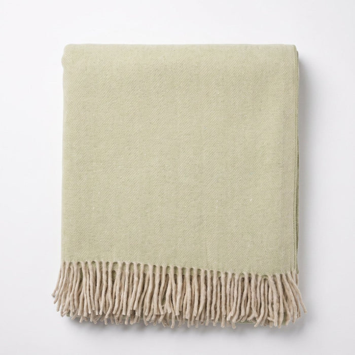 Highland Herringbone Wool Blend Throw Blanket with Tasselled Fringe - SAGE GREEN - Heritage Of Scotland -