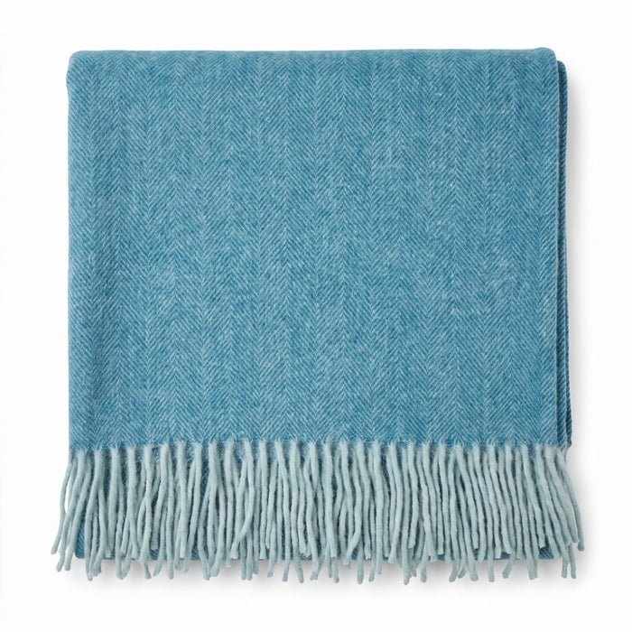Highland Herringbone Wool Blend Throw Blanket with Tasselled Fringe - TURQUOISE - Heritage Of Scotland -