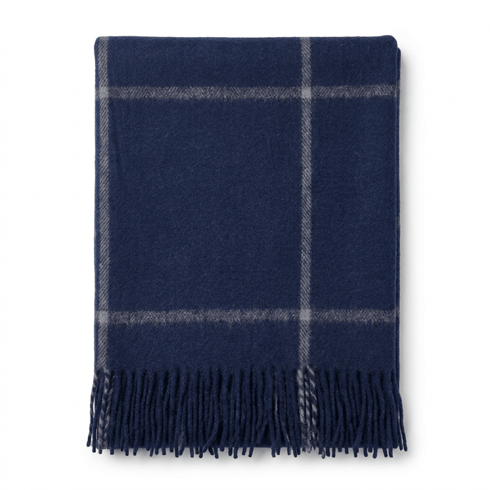 Highland Windowpane Wool Blend Throw Blanket with Tasselled Fringe - BLACK IRIS AND LATTE - Heritage Of Scotland -