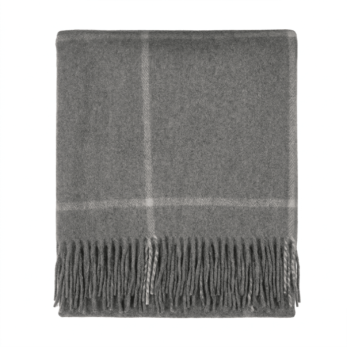 Highland Windowpane Wool Blend Throw Blanket with Tasselled Fringe - GRANITE GREY - Heritage Of Scotland -