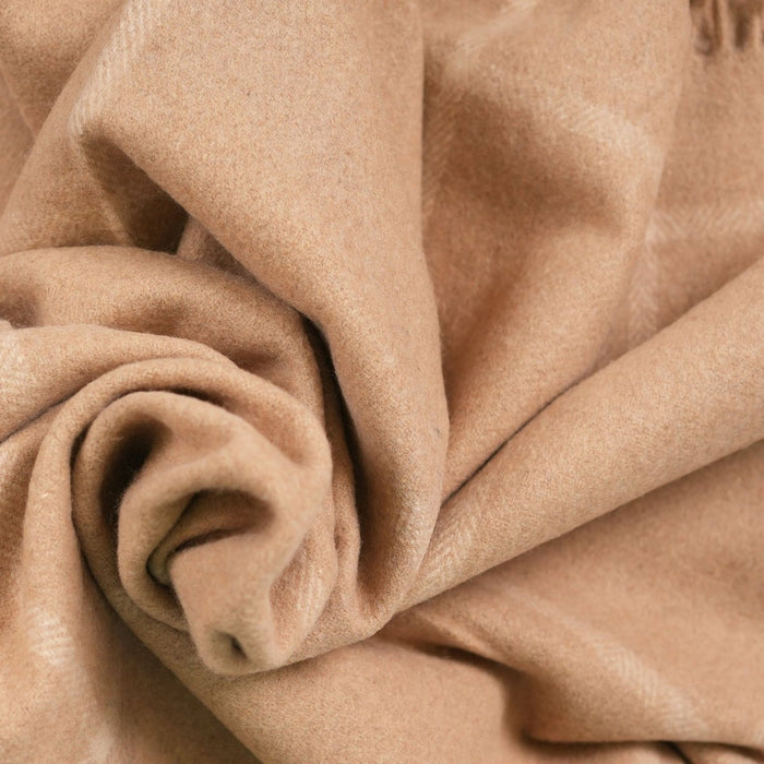 Highland Windowpane Wool Blend Throw Blanket with Tasselled Fringe - LATTE/ PRISTINE - Heritage Of Scotland -