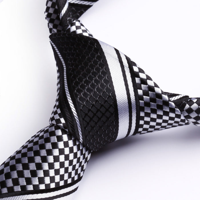 Stripe Tie Handkerchief Set - BLACK/WHITE/SILVER