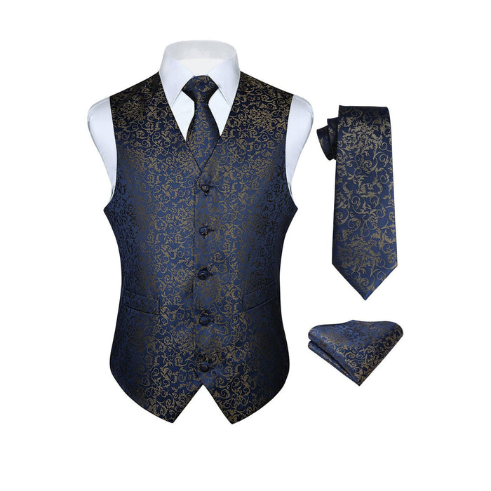 Hisdern Men's Navy Blue Brown Paisley Vest Tie Set For Weddings Anniversary