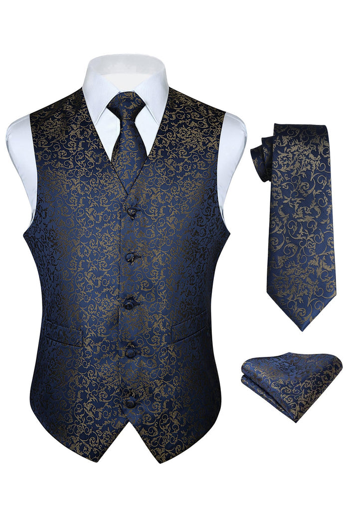 Hisdern Men's Navy Blue Brown Paisley Vest Tie Set For Weddings Anniversary
