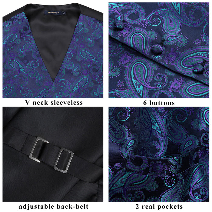 Paisley Vest Tie Handkerchief Set Purple Green