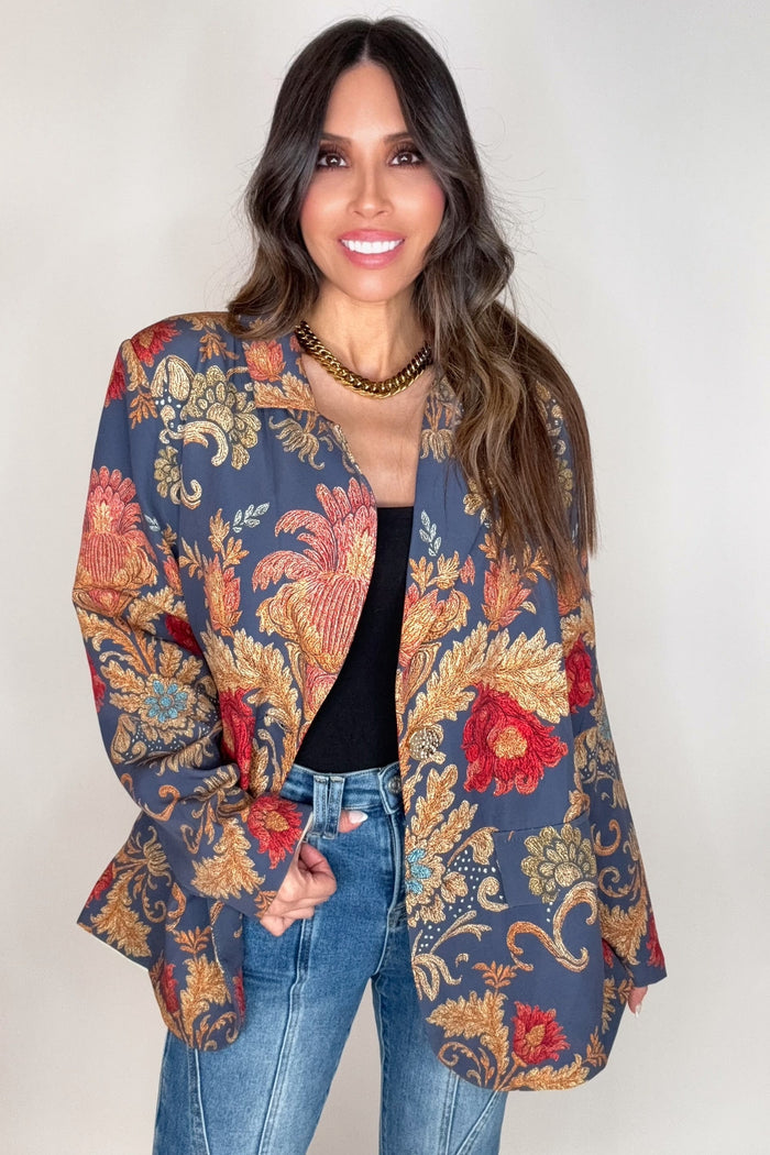 Imperial Indigo Brocade Blazer, a structured navy women’s jacket with ornate gold and red floral brocade detailing.