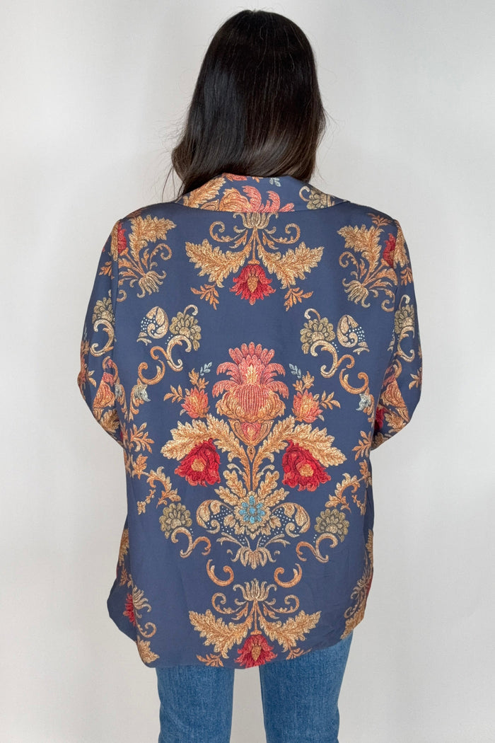 Style the Imperial Indigo Brocade Blazer exclusively at Born To Glam