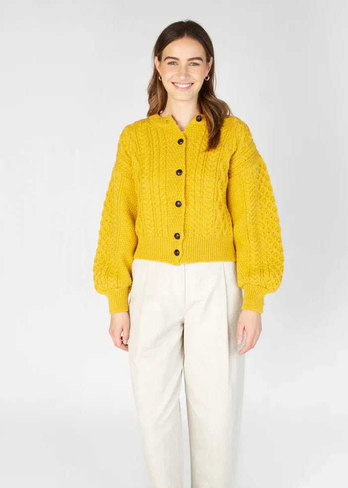 Cropped Aran Cardigan in Sunflower Yellow | 100% Merino Wool | IrelandsEye