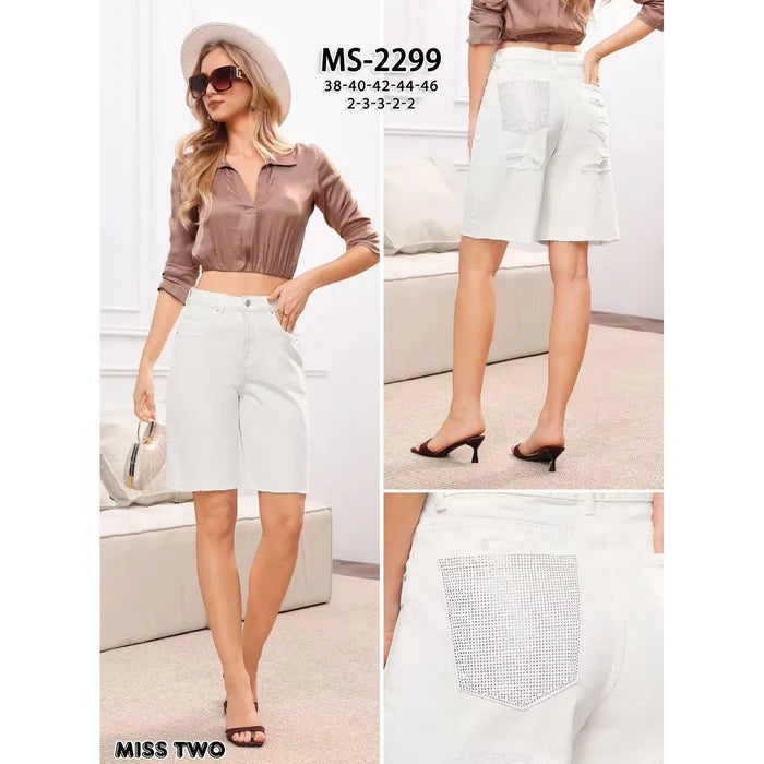 Style the Ivory Crystal Pocket Stretch Denim Bermuda Shorts exclusively at Born To Glam