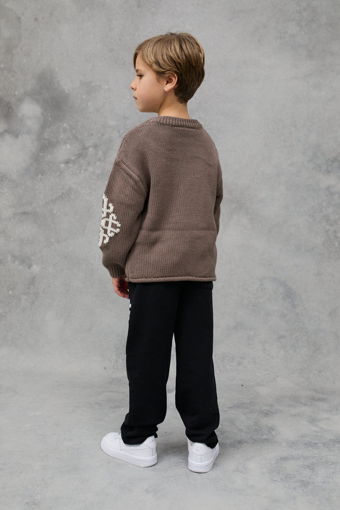 JNR CHUNKY KNIT EMBLEM JUMPER - BROWN