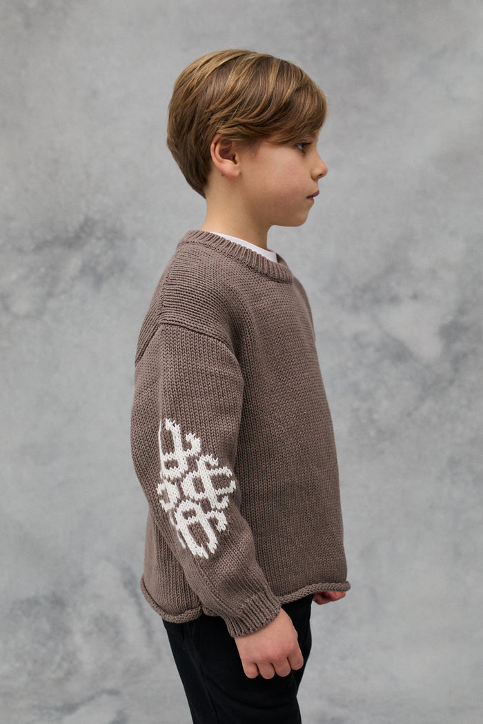 JNR CHUNKY KNIT EMBLEM JUMPER - BROWN
