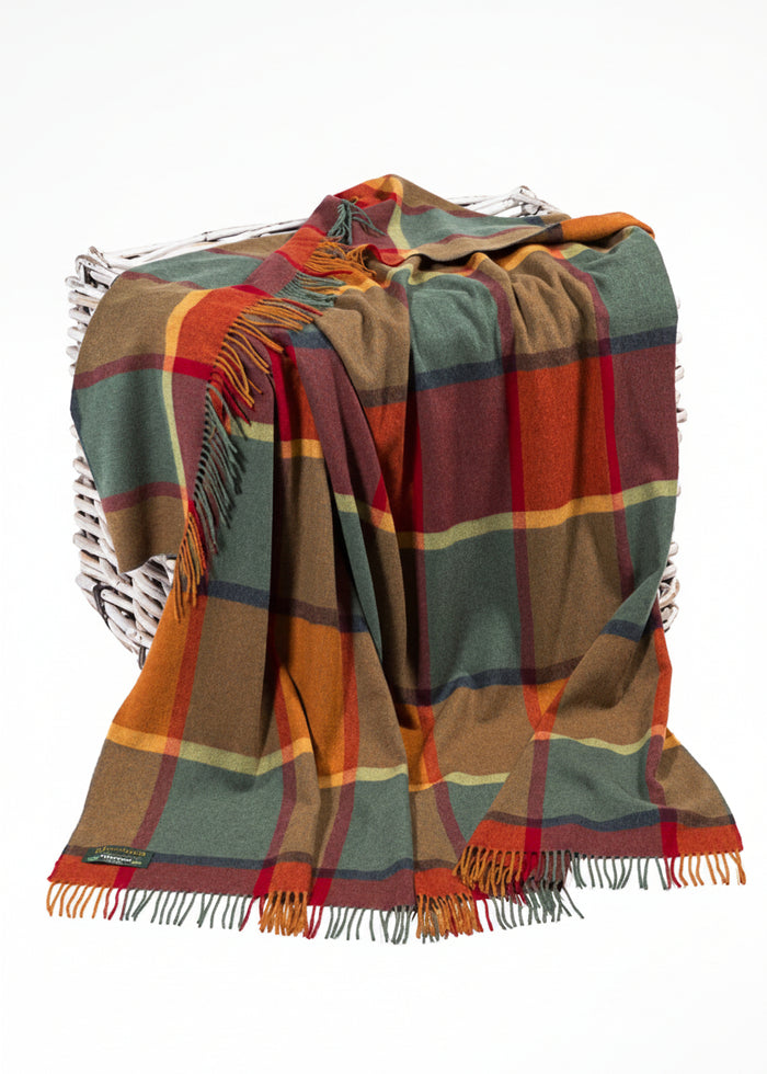 John Hanly Lambswool Throw Orange Green Yellow and Wine Check