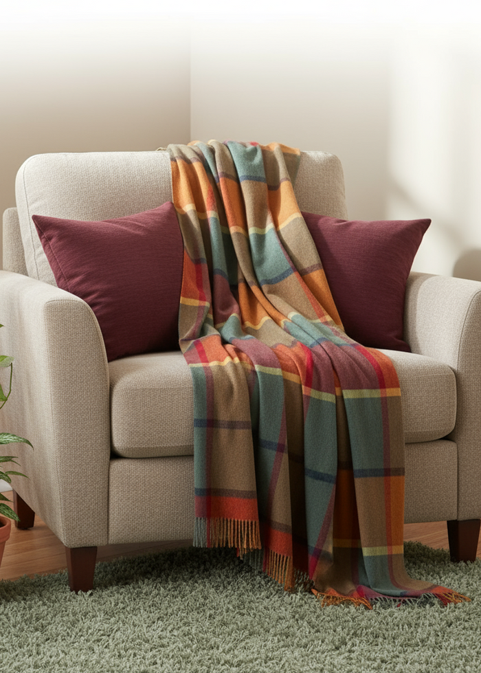 John Hanly Lambswool Throw Orange Green Yellow and Wine Check