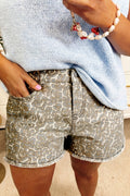 Khaki Leopard Print Raw Edge Denim Shorts