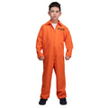 Boy wearing a bright orange convict jumpsuit for Halloween and trick or treat