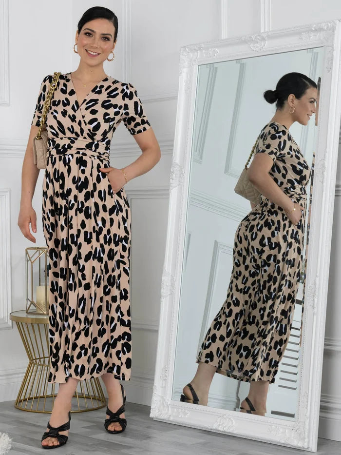 Kiera Wrap Front Maxi Dress (Camel Animal)