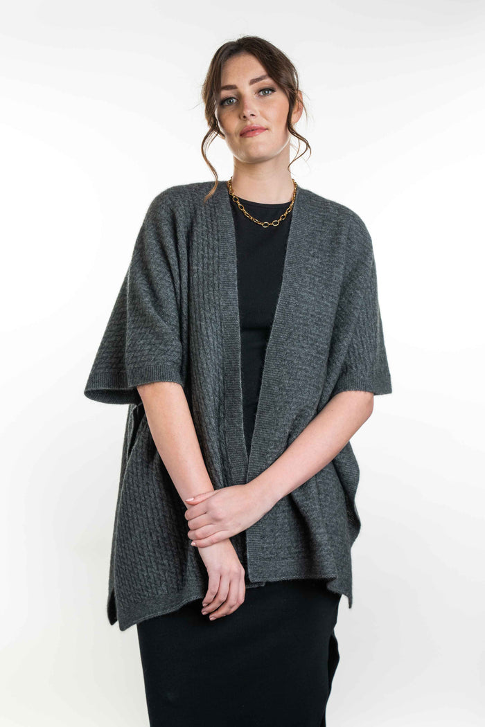 Possum and Merino  KO553 Zig Zag Textured Cape - A great throw on and go piece in a detailed zig zag pattern.  Available only in size Small or Large  Made proudly in New Zealand from a premium blend of 40% possum fur, 50% merino lambswool & 10% mulberry silk.