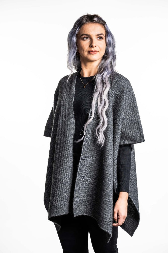 Possum and Merino  KO553 Zig Zag Textured Cape - A great throw on and go piece in a detailed zig zag pattern.  Available only in size Small or Large  Made proudly in New Zealand from a premium blend of 40% possum fur, 50% merino lambswool & 10% mulberry silk.