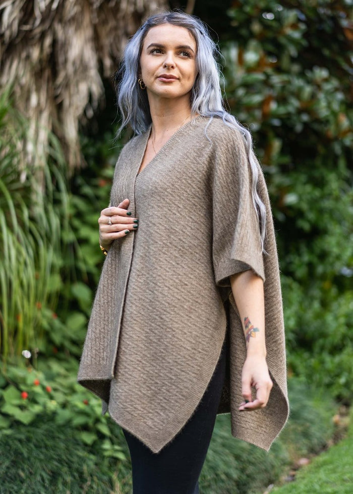 Possum and Merino  KO553 Zig Zag Textured Cape - A great throw on and go piece in a detailed zig zag pattern.  Available only in size Small or Large  Made proudly in New Zealand from a premium blend of 40% possum fur, 50% merino lambswool & 10% mulberry silk.