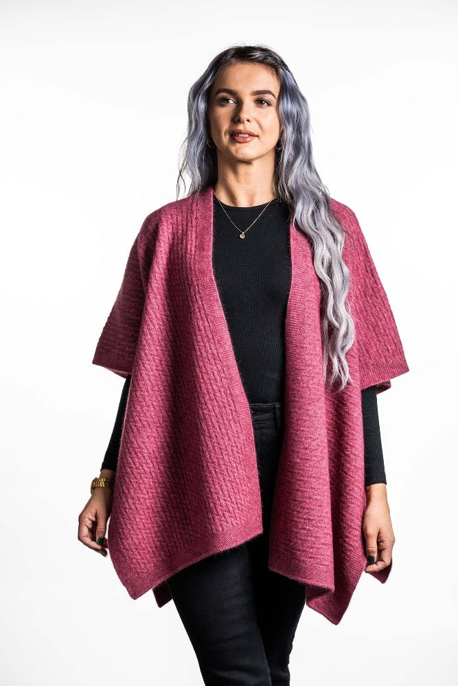 Possum and Merino  KO553 Zig Zag Textured Cape - A great throw on and go piece in a detailed zig zag pattern.  Available only in size Small or Large  Made proudly in New Zealand from a premium blend of 40% possum fur, 50% merino lambswool & 10% mulberry silk.