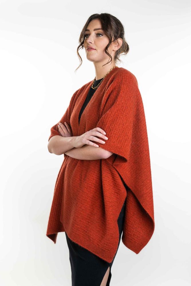 Possum and Merino  KO553 Zig Zag Textured Cape - A great throw on and go piece in a detailed zig zag pattern.  Available only in size Small or Large  Made proudly in New Zealand from a premium blend of 40% possum fur, 50% merino lambswool & 10% mulberry silk.