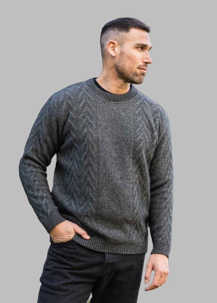 Possum and Merino  KO868 Crew Neck Aran Jumper - A crew neck style jumper featuring a stunning textured aran pattern on the front and sleeves.  Made proudly in New Zealand from a premium blend of 40% possum fur, 50% merino lambswool & 10% mulberry silk.