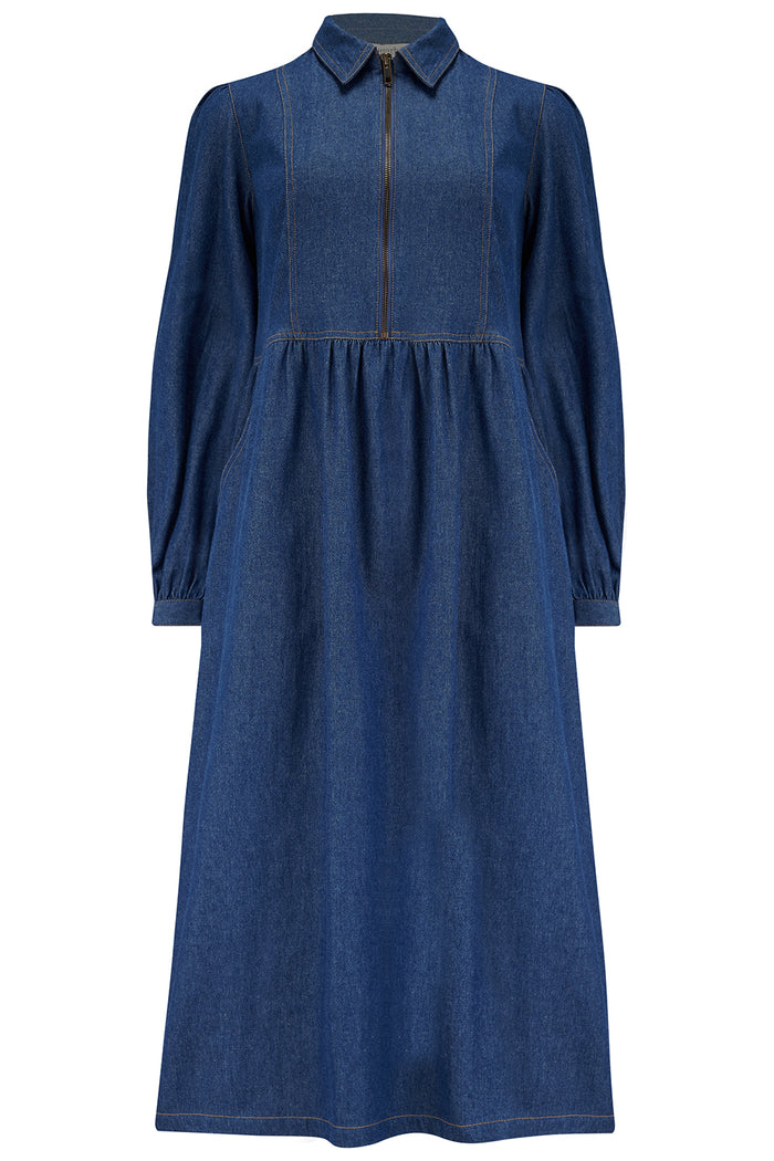Kristy Midi Smock Dress (Mid Blue Denim)