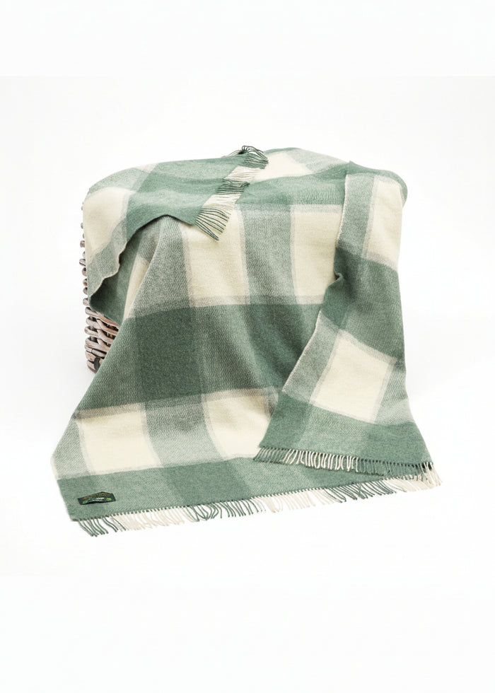 Large Irish Picnic Blanket White Sea Green Block