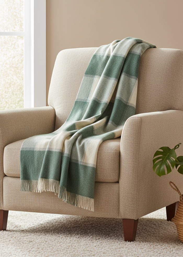 Large Irish Picnic Blanket White Sea Green Block