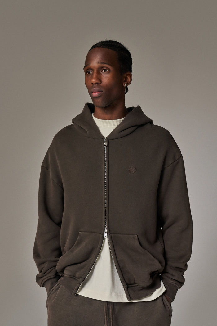LAUNDERED CLASSICS ZIP THROUGH HOODIE - WASHED BROWN