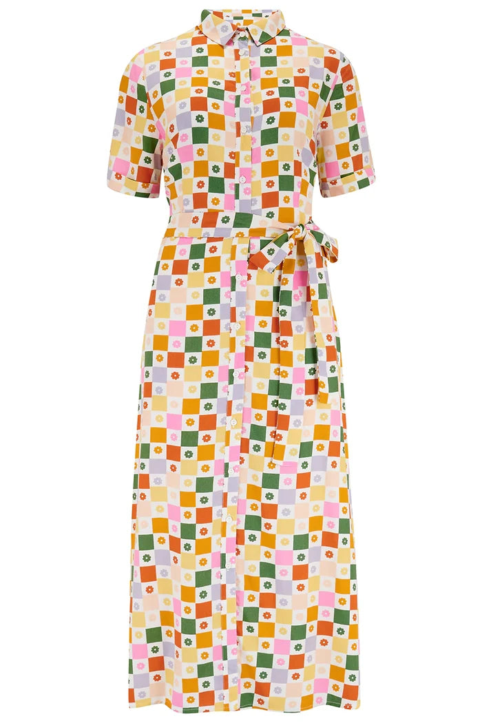 Lauretta Midi Shirt Dress (Multi, Floral Checkerboard)