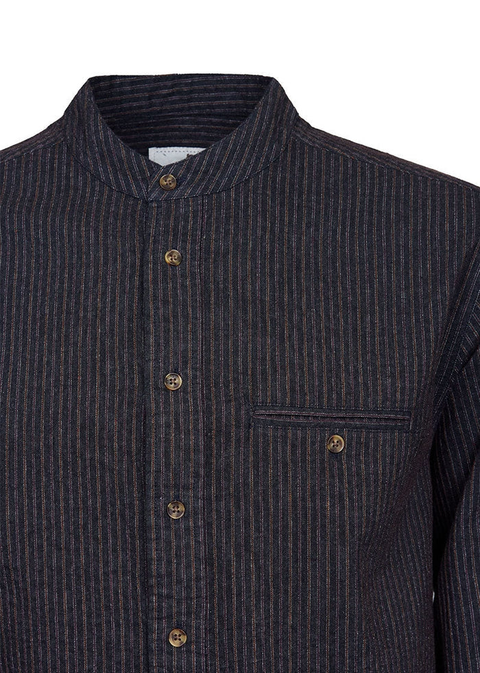 Lee Valley Cotton Grandfather Shirt | Black with Red / Brown Stripe