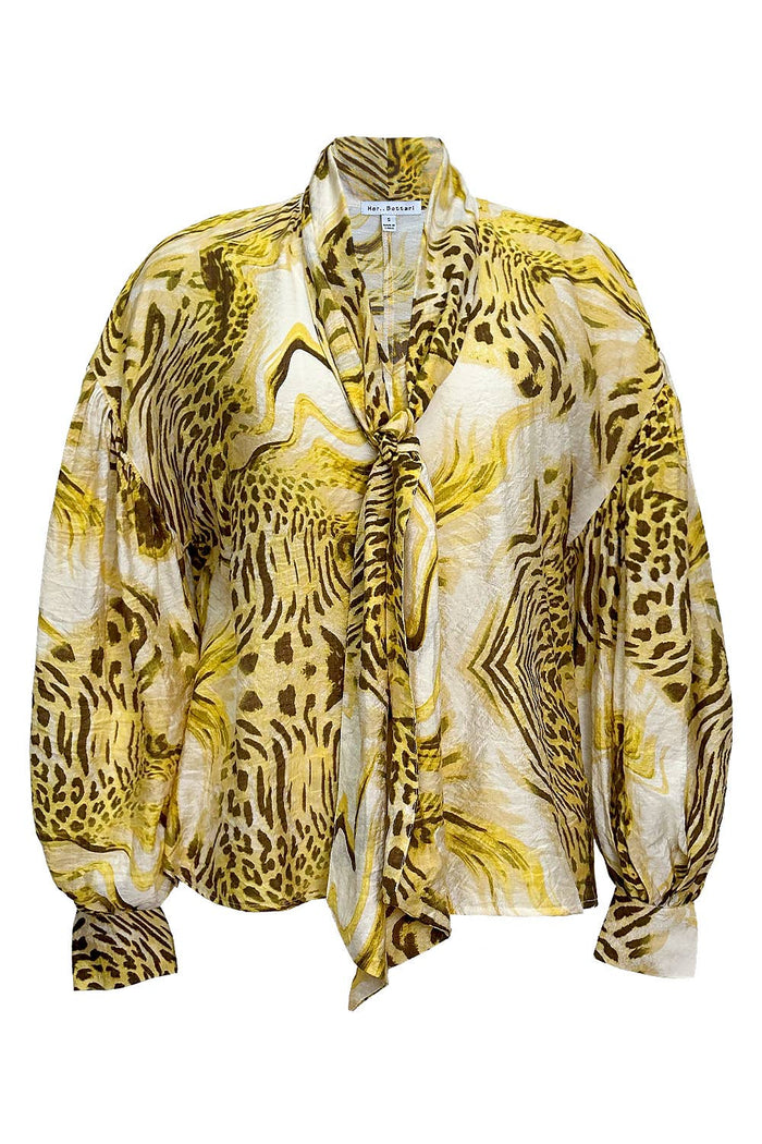 Style the Leopard Print Balloon Sleeves Tie Neck Blouse exclusively at Born To Glam