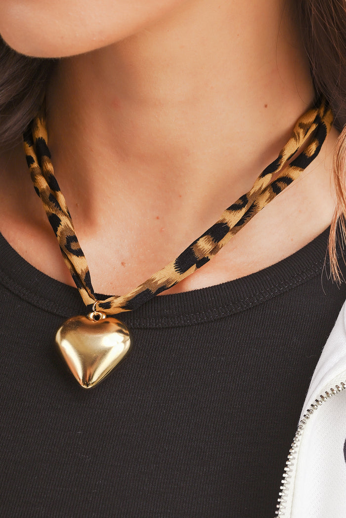 Leopard Print Scarf Necklace with Gold Puffy Heart Charm