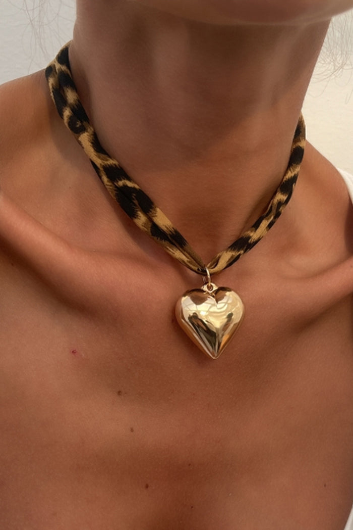 Leopard Print Scarf Necklace with Gold Puffy Heart Charm