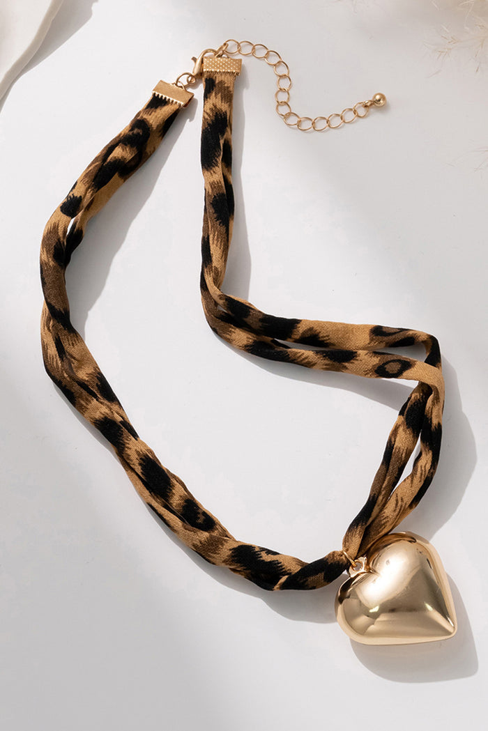 Leopard Print Scarf Necklace with Gold Puffy Heart Charm