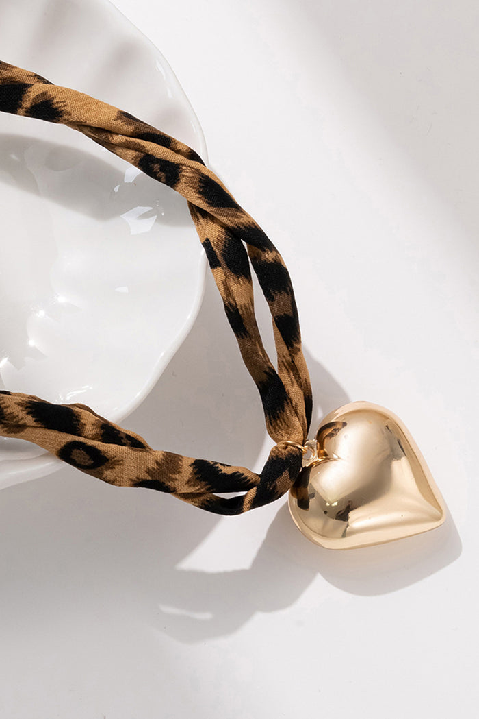 Leopard Print Scarf Necklace with Gold Puffy Heart Charm
