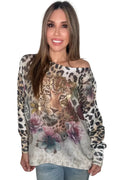 Lightweight waffle knit sweater with leopard print, tiger face artwork, floral accents, and metallic gold brushstroke details.