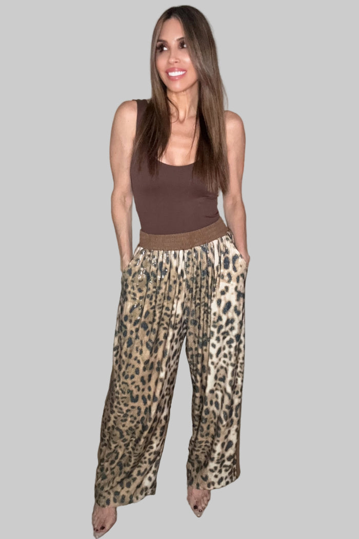 Style the Leopard Sequin Faux Seude Waistband Barrel Pants exclusively at Born To Glam
