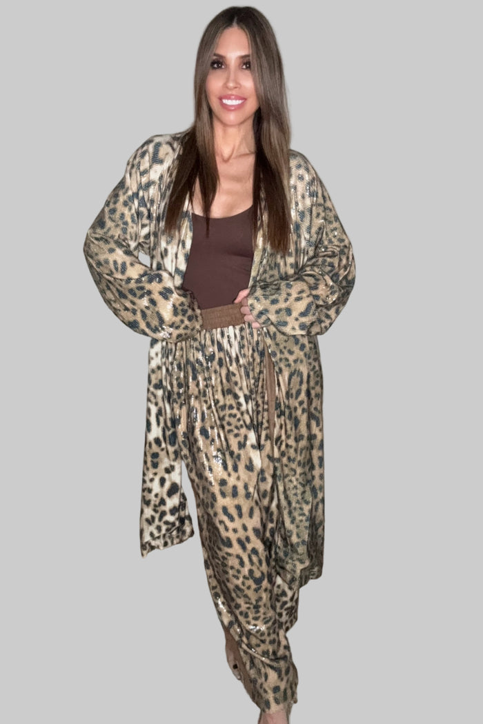 Style the Leopard Sequin Faux Seude Waistband Barrel Pants exclusively at Born To Glam