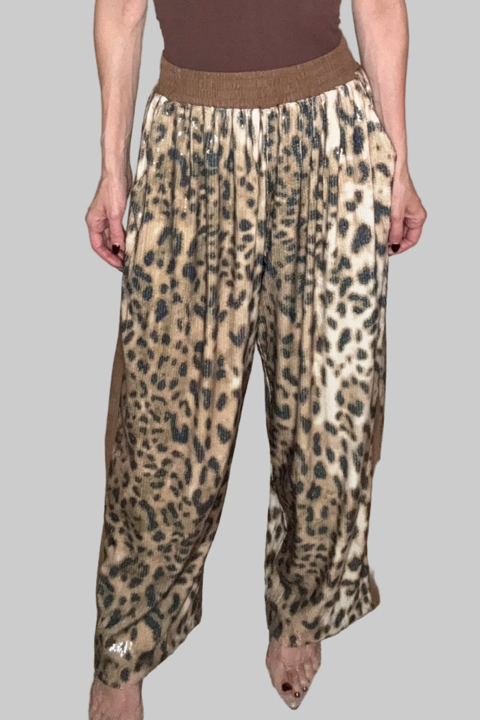 Style the Leopard Sequin Faux Seude Waistband Barrel Pants exclusively at Born To Glam