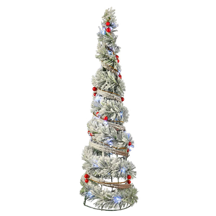 Cone shaped Christmas tree with frosted branches berries and white lights