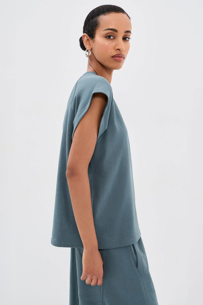 Light Weight Sweatshirting Sleeveless Easy Top - Blue Grey