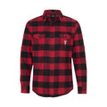 Red and black The Front Bottoms flannel shirt with long sleeves, two chest pockets, buttoned front, and a small white embroidered design on the left pocket. Shirt is shown on a plain white background.