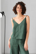 Linen V-Neck Tank Top CAMELLIA in Green