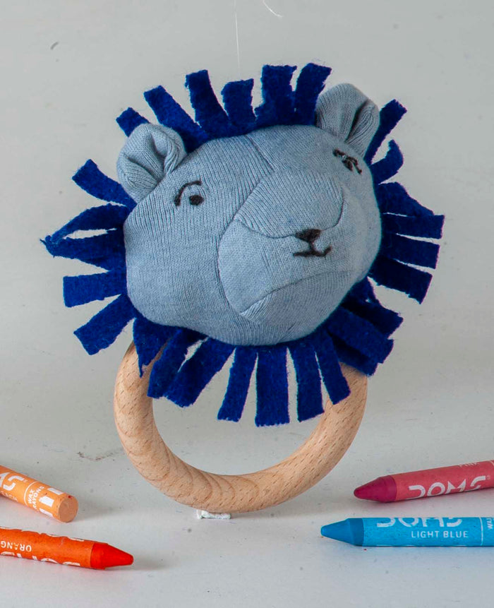 Lion Rattle Knitted Light & Dark Blue Stuffed/Plush/Soft Toy | 100% Premium Cotton