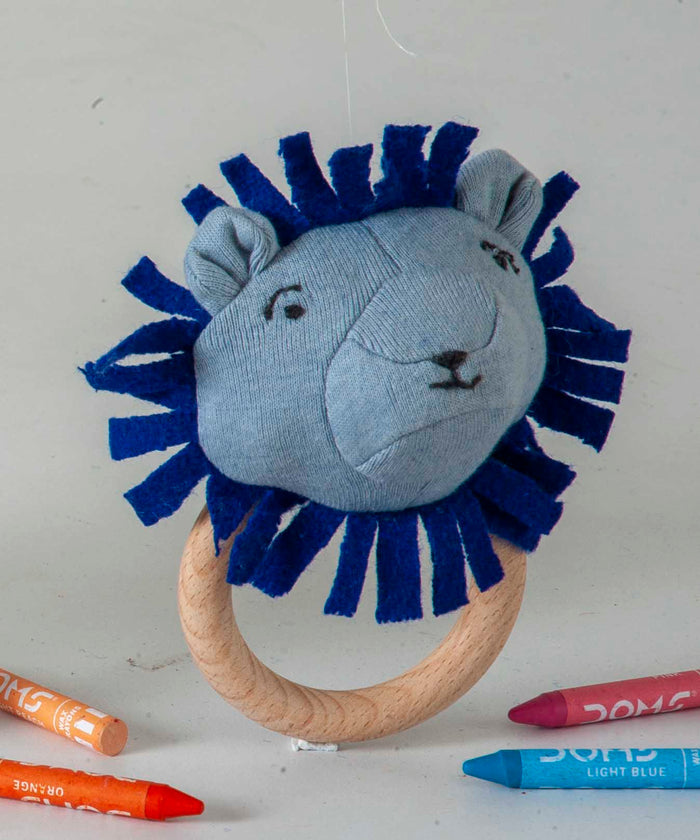 Lion Rattle Knitted Light & Dark Blue Stuffed/Plush/Soft Toy | 100% Premium Cotton