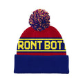 A red, blue, and yellow knit beanie with a pom-pom featuring "FRONT BOTTOMS" in bold yellow letters across the front. Official The Front Bottoms merch—order soon to get it in time for the holidays!.