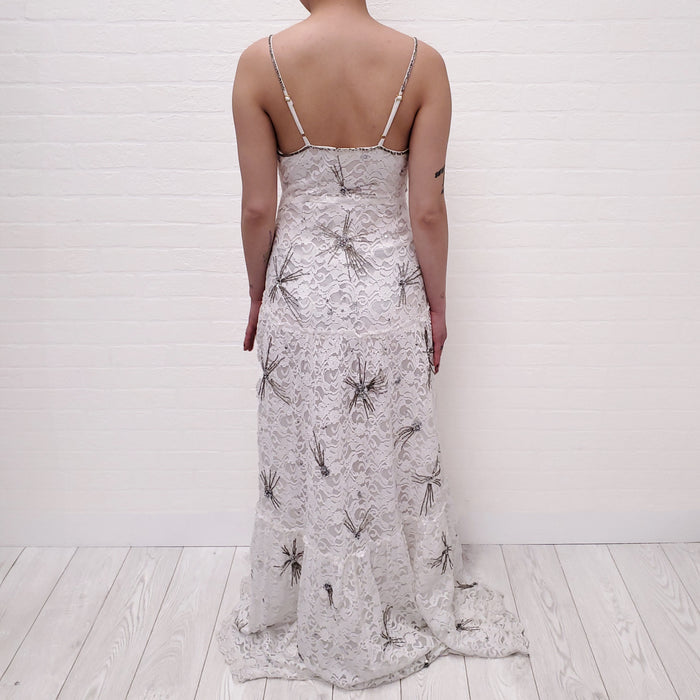 LOVESHACKFANCY WHITE LACE 'CELESTIA' MAXI DRESS WITH SEQUINS - SIZE 2