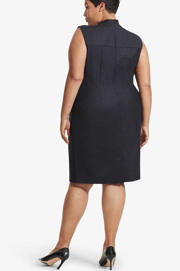 Back image of a woman standing wearing the Lucinda dress sharkskin in Ink | Grid Hover | Exclude